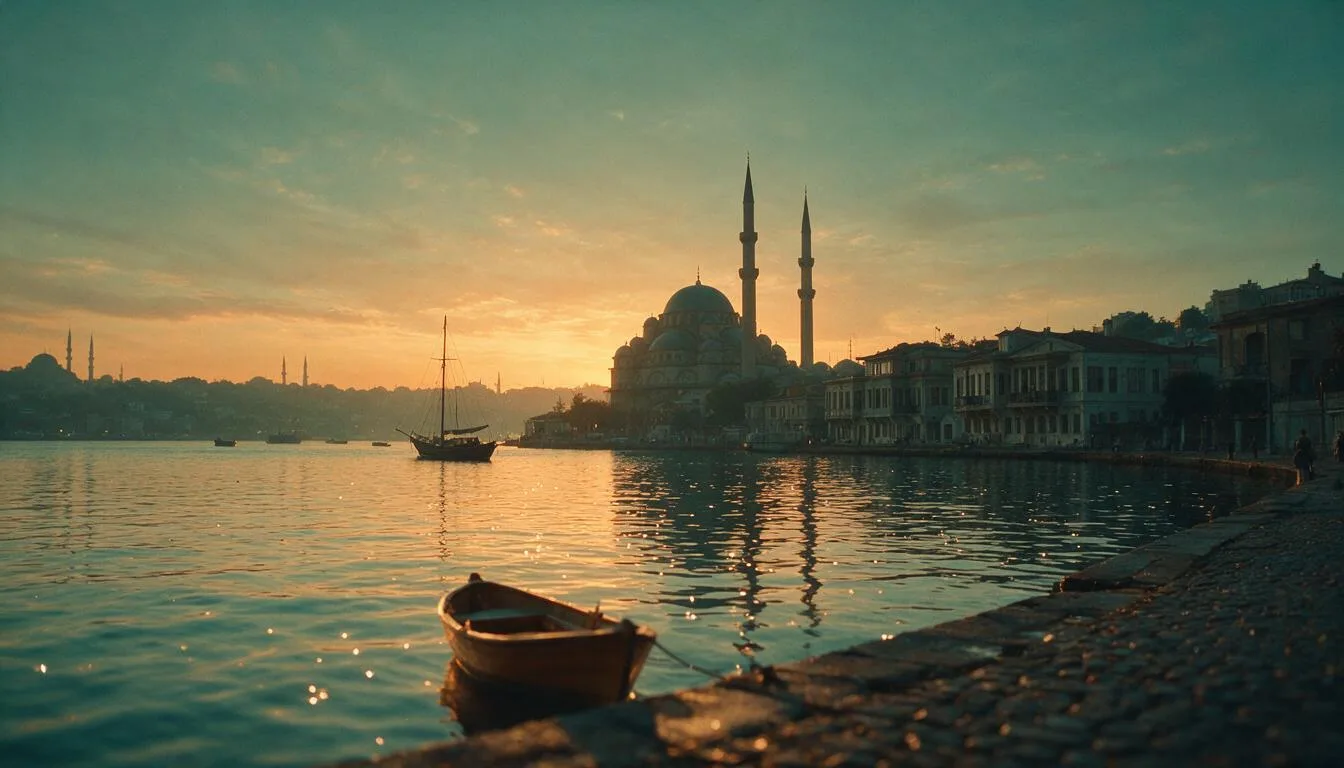 Istanbul sunrise over water and mosque silhouettes