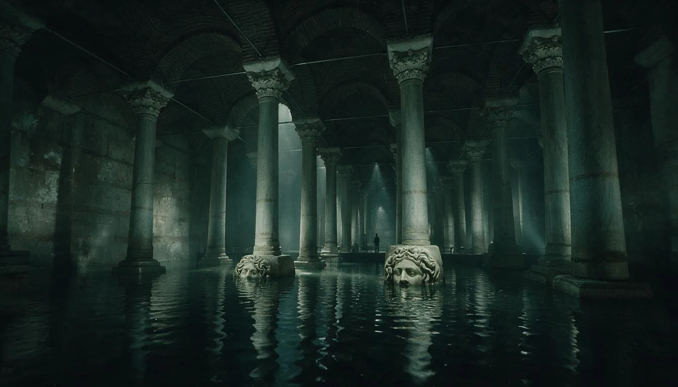 Basilica Cistern columns and water in soft light