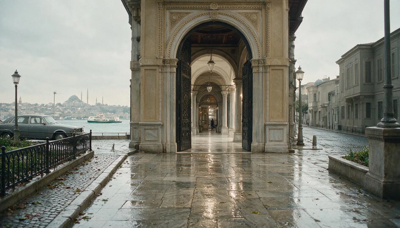Rainy Istanbul street with wet limestone reflections