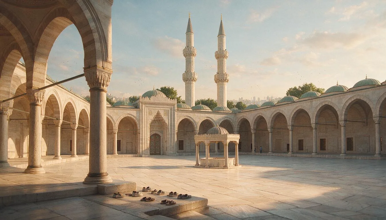 Working mosque courtyard with calm pale stone