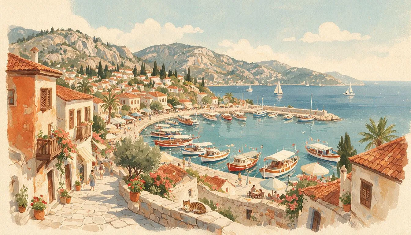 Painted Fethiye coast afternoon with harbour and hills