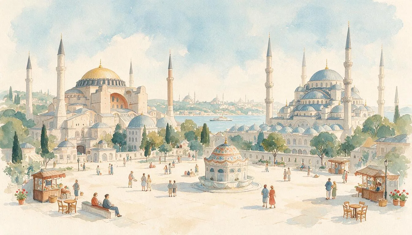 Painted Sultanahmet day with Hagia Sophia and Blue Mosque